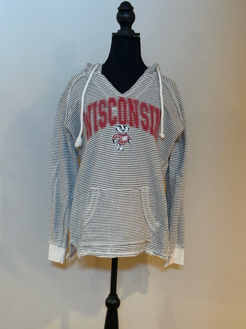 WI Badgers  Striped Hoodie Sweater - White & Gray